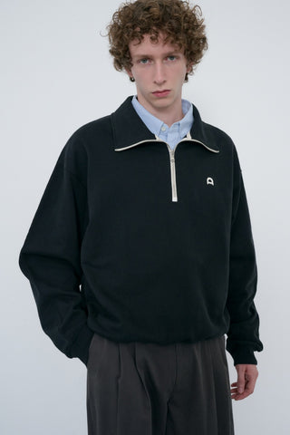 UNISEX LEATHER LOGO HALF ZIP-UP SWEATSHIRT BLACK