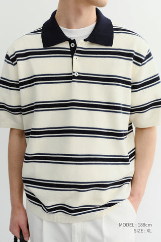UNISEX MULTI STRIPED POLO KNIT CREAM NAVY