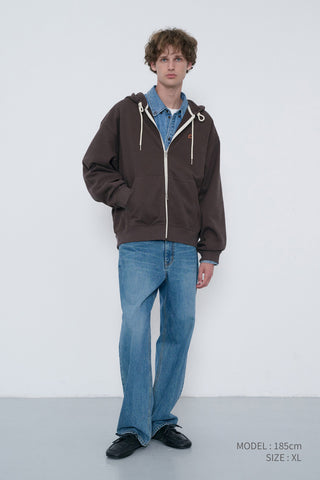 UNISEX LEATHER LOGO ZIP-UP HOODIE BROWN