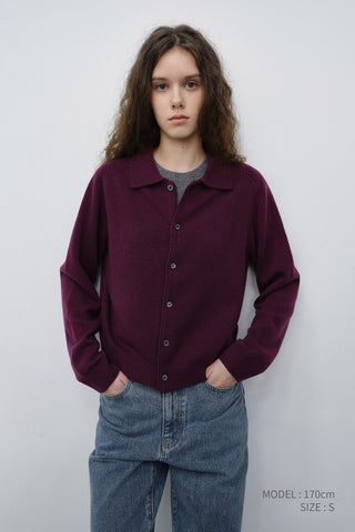 UNISEX COLLARED KNIT CARDIGAN PLUM PURPLE