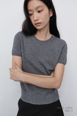 HALF SLEEVE KNIT TOP MELANGE GREY
