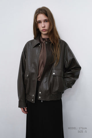 UNISEX ALTER-LEATHER ZIP-UP BLOUSON DARK BROWN