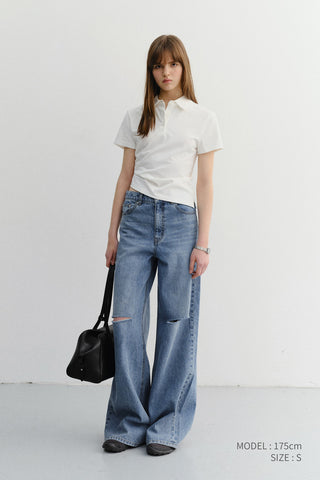 DAMAGED WIDE JEANS CLASSIC BLUE