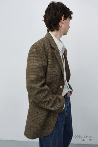 UNISEX CLASSIC 2 BUTTON WOOL BLAZER BROWN CHECK
