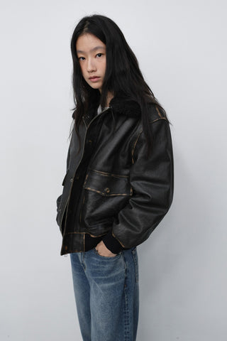 UNISEX DETACHABLE A-2 LEATHER BLOUSON BRUSHED BLACK