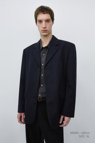 UNISEX CLASSIC 3 BUTTON WOOL BLAZER NAVY STRIPE