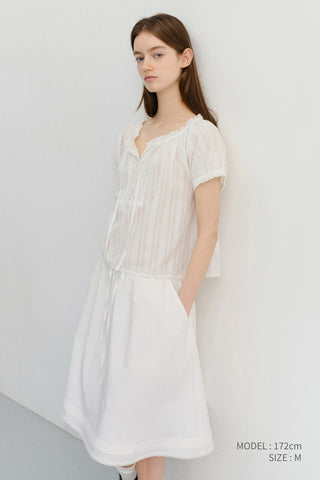 RIBBONED SHIRRING BLOUSE OFF WHITE