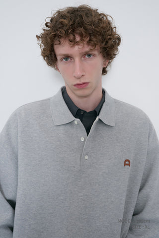UNISEX LEATHER LOGO COLLARED T-SHIRT MELANGE GREY