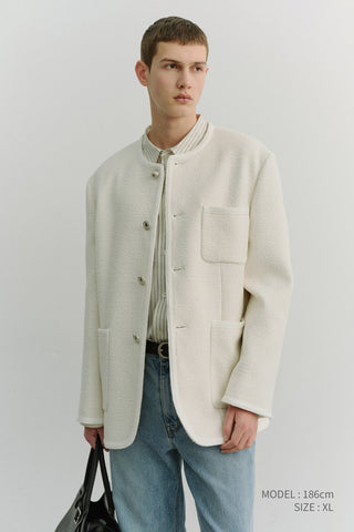 UNISEX COLLARLESS TWEED JACKET CREAM