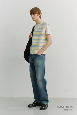 UNISEX CRAFTED STRIPED KNIT VEST CREAM SOFT BLUE
