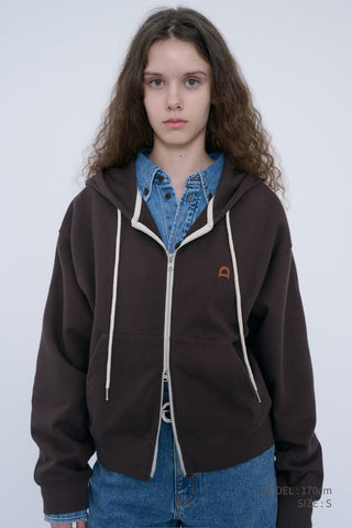 UNISEX LEATHER LOGO ZIP-UP HOODIE BROWN