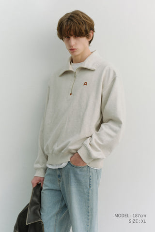 UNISEX LEATHER LOGO HALF ZIP-UP SWEATSHIRT OATMEAL MELANGE