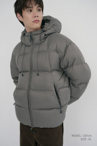 UNISEX HOODED VOLUME GOOSE DOWN JACKET GREYISH KHAKI