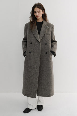 UNISEX LOOSE DOUBLE-BREASTED COAT GREY HERRINGBONE