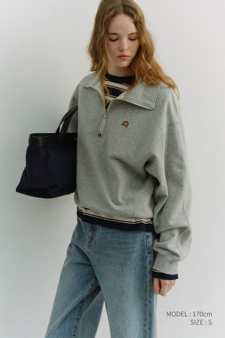 UNISEX LEATHER LOGO HALF ZIP-UP SWEATSHIRT MELANGE GREY