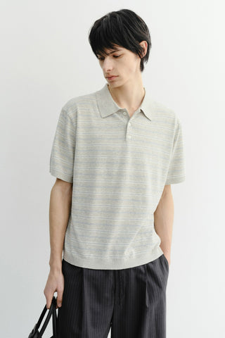 UNISEX STRIPED POLO KNIT GREY SOFT BLUE
