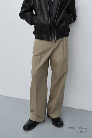 DOUBLE PLEATED WIDE CHINO SLACKS BEIGE