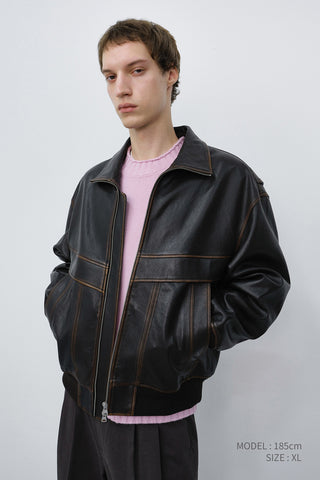 UNISEX STAND COLLARED LEATHER BLOUSON BRUSHED BROWN