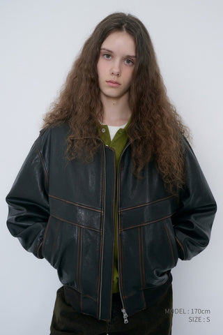 UNISEX STAND COLLARED LEATHER BLOUSON BRUSHED BROWN