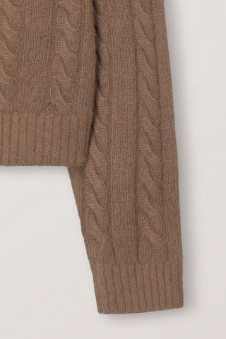 UNISEX HAIRY CABLE CREW NECK CARDIGAN CAMEL