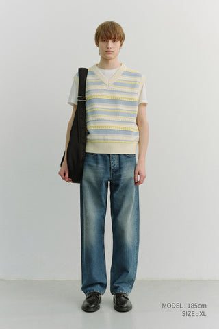 UNISEX CRAFTED STRIPED KNIT VEST CREAM SOFT BLUE