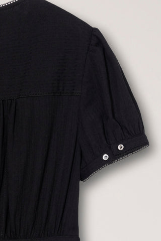 MAXI SHIRRING HALF SLEEVE DRESS BLACK