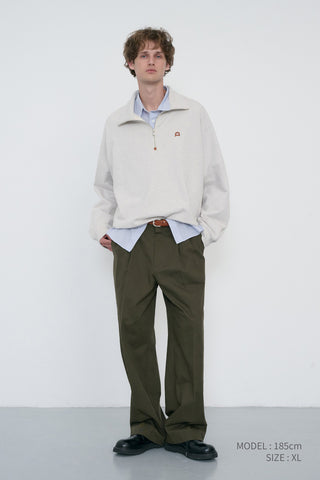 UNISEX LEATHER LOGO HALF ZIP-UP SWEATSHIRT OATMEAL MELANGE