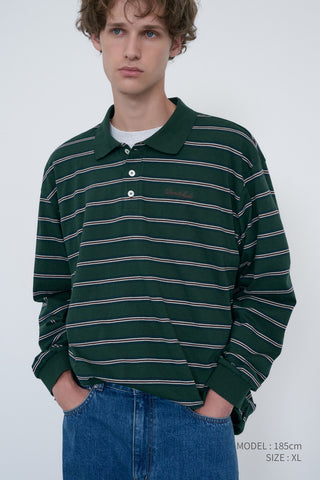 UNISEX MULTI STRIPE COLLARED T-SHIRT FOREST GREEN STRIPE