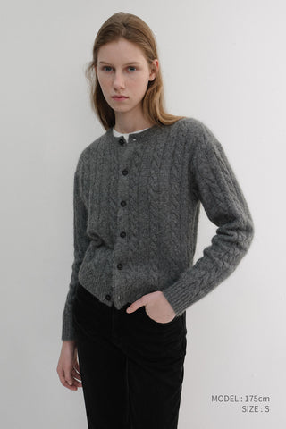 UNISEX HAIRY CABLE CREW NECK CARDIGAN MELANGE GREY