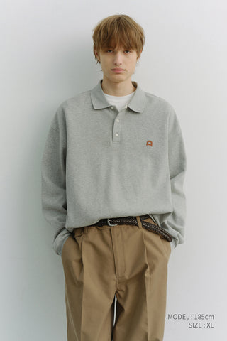 UNISEX LEATHER LOGO COLLARED T-SHIRT MELANGE GREY