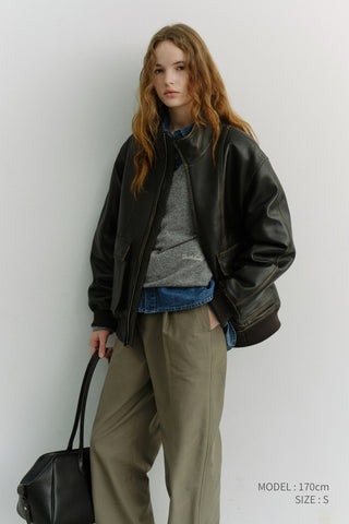 UNISEX STAND COLLARED LEATHER BLOUSON BRUSHED BLACK
