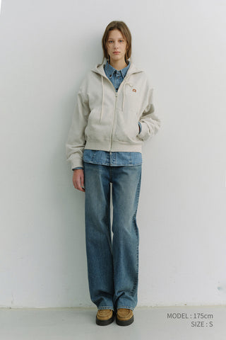 UNISEX LEATHER LOGO ZIP-UP HOODIE OATMEAL MELANGE