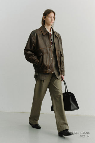 UNISEX OVERSIZED VINTAGE LEATHER BLOUSON BRUSHED BROWN