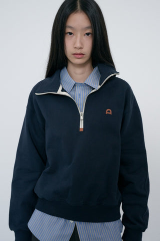 UNISEX LEATHER LOGO HALF ZIP-UP SWEATSHIRT FRENCH NAVY
