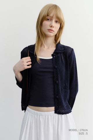 CROCHET COLLARED CARDIGAN NAVY