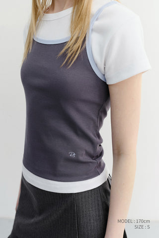 2-TONE TRIM SLEEVELESS TOP CHARCOAL SOFT BLUE