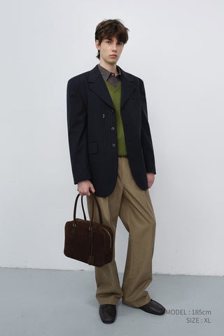 UNISEX REFINED MASCULINE WOOL BLAZER NAVY STRIPE