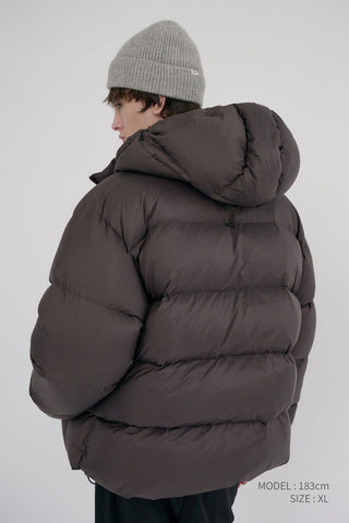 UNISEX HOODED VOLUME GOOSE DOWN JACKET DARK BROWN