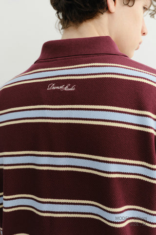 UNISEX MULTI STRIPED POLO KNIT BURGUNDY SKY BLUE