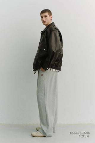 UNISEX LEATHER LOGO WIDE SWEAT PANTS MELANGE GREY