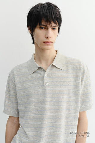 UNISEX STRIPED POLO KNIT GREY SOFT BLUE