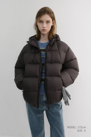 UNISEX HOODED VOLUME GOOSE DOWN JACKET DARK BROWN
