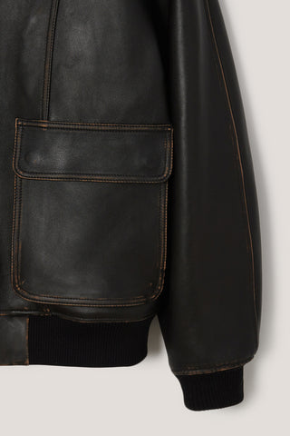 UNISEX STAND COLLARED LEATHER BLOUSON BRUSHED BLACK
