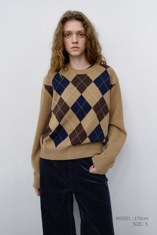 UNISEX ARGYLE CREWNECK SWEATER CAMEL BEIGE