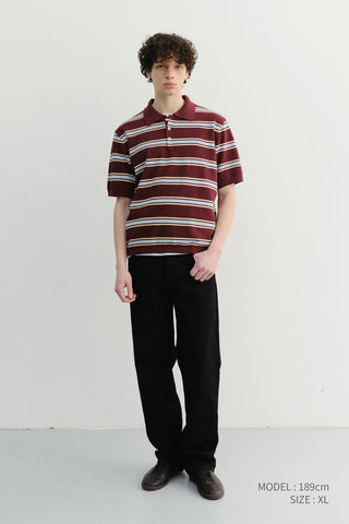 UNISEX MULTI STRIPED POLO KNIT BURGUNDY SKY BLUE