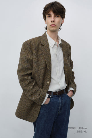 UNISEX CLASSIC 2 BUTTON WOOL BLAZER BROWN CHECK