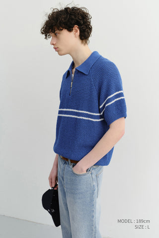 HALF ZIP-UP STRIPED POLO KNIT BLUE