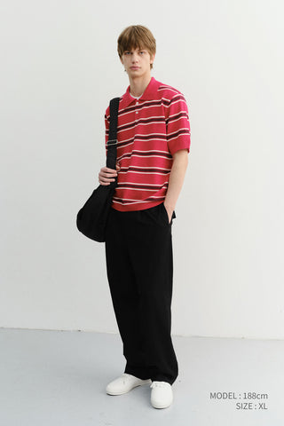 UNISEX MULTI STRIPED POLO KNIT RED BURGUNDY