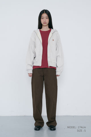 UNISEX LEATHER LOGO ZIP-UP HOODIE OATMEAL MELANGE