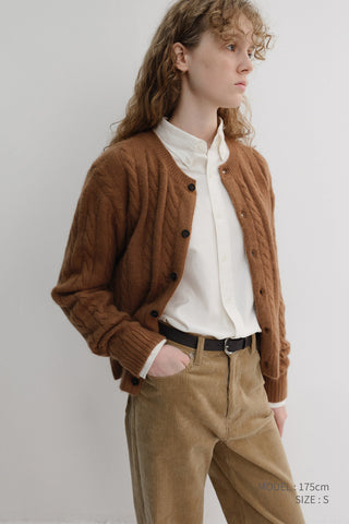 UNISEX HAIRY CABLE CREW NECK CARDIGAN CAMEL